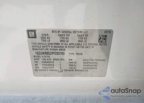 2015 Chevrolet Silverado 1500 2Lt из США, поврежденный, VIN 1GCUKREC2FF203769